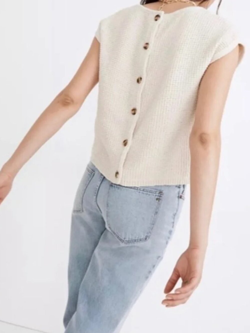 Madewell Boatneck Button Back Waffle Knit Boxy Sweater Top - Medium